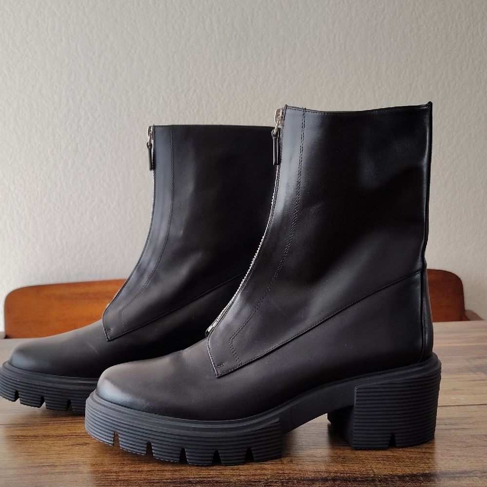 New Stuart Weitzman Soho Zip Booties in black leather 11.5